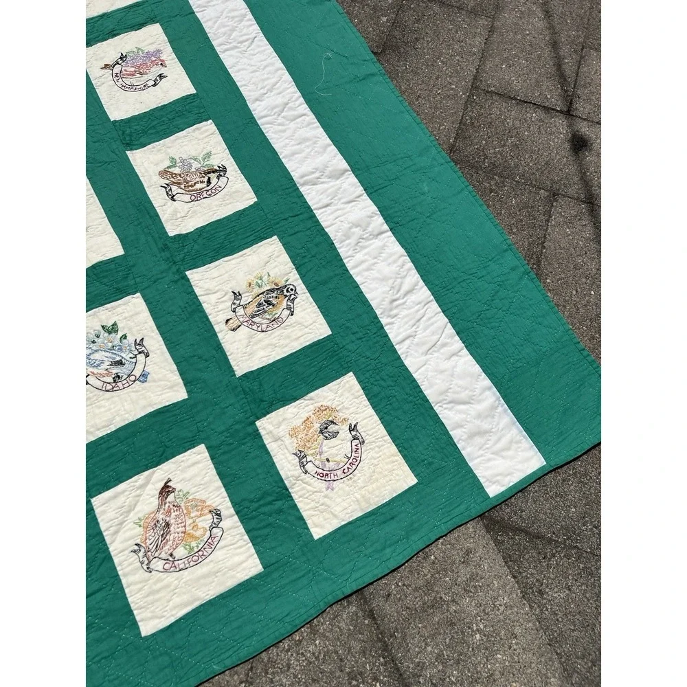 Vintage Heirloom 48 State Bird Fully Hand Stitched And Embroidered Quilt 81x88